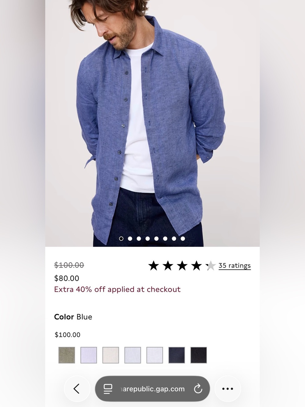 Banana Republic Men's Blue Charcoal Button-Down Linen Slim Shirt